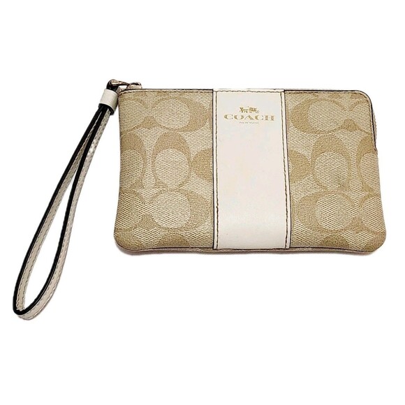 Coach Corner Zip Signature Women's Wallet Khaki Brown Tan Stripe - Picture 2 of 9